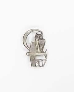 A silver-toned metal pin or pendant featuring a stylized owl perched on a horizontal branch in front of a crescent moon. The owl has large circular eyes and vertically engraved feathers. The number "307" is cut out at the bottom of the design.