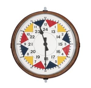 Replica sector room clock, 18" white faced with copper surround and (light mahogany or possibly beech backing). Hand painted inward pointing blue, yellow, and red segments with fixed hands. No access to rear and with a perspex face.