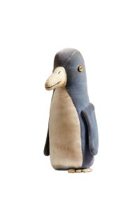 Velour fabric cuddly toy with linen fabric beak and right foot missing.