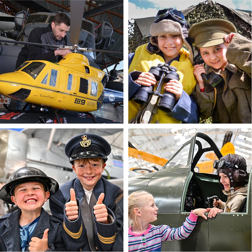 A collage showing children and adults dressed in aviation-themed costumes, posing with airplanes and aviation equipment at a museum