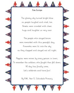Poem Titled Free Europe by a pupil from Colindale Primary School surrounded by a border of red and blue bunting