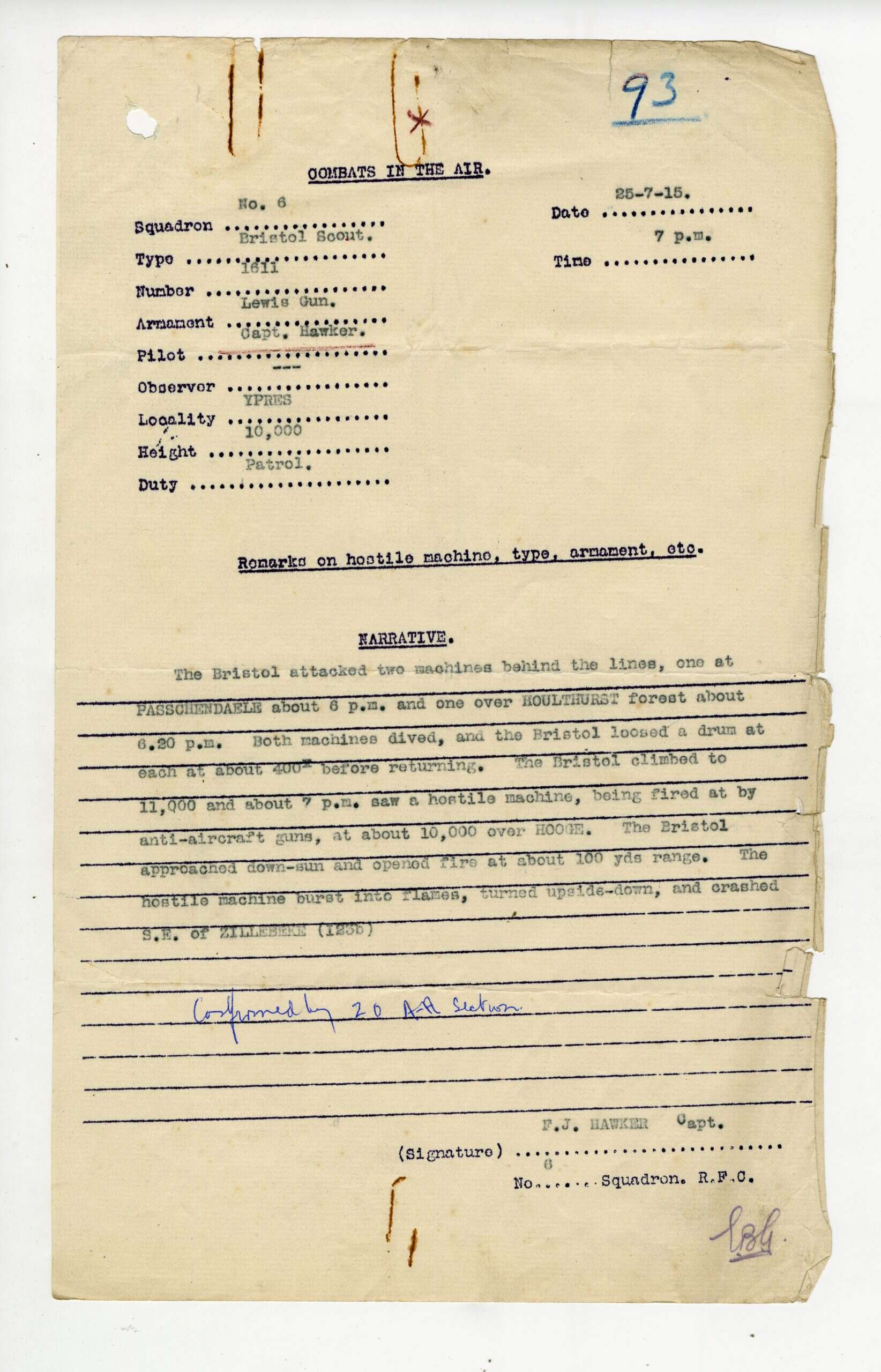 Combat report of Major Hawker's VC flight (©RAF Museum AC72-20-15)
