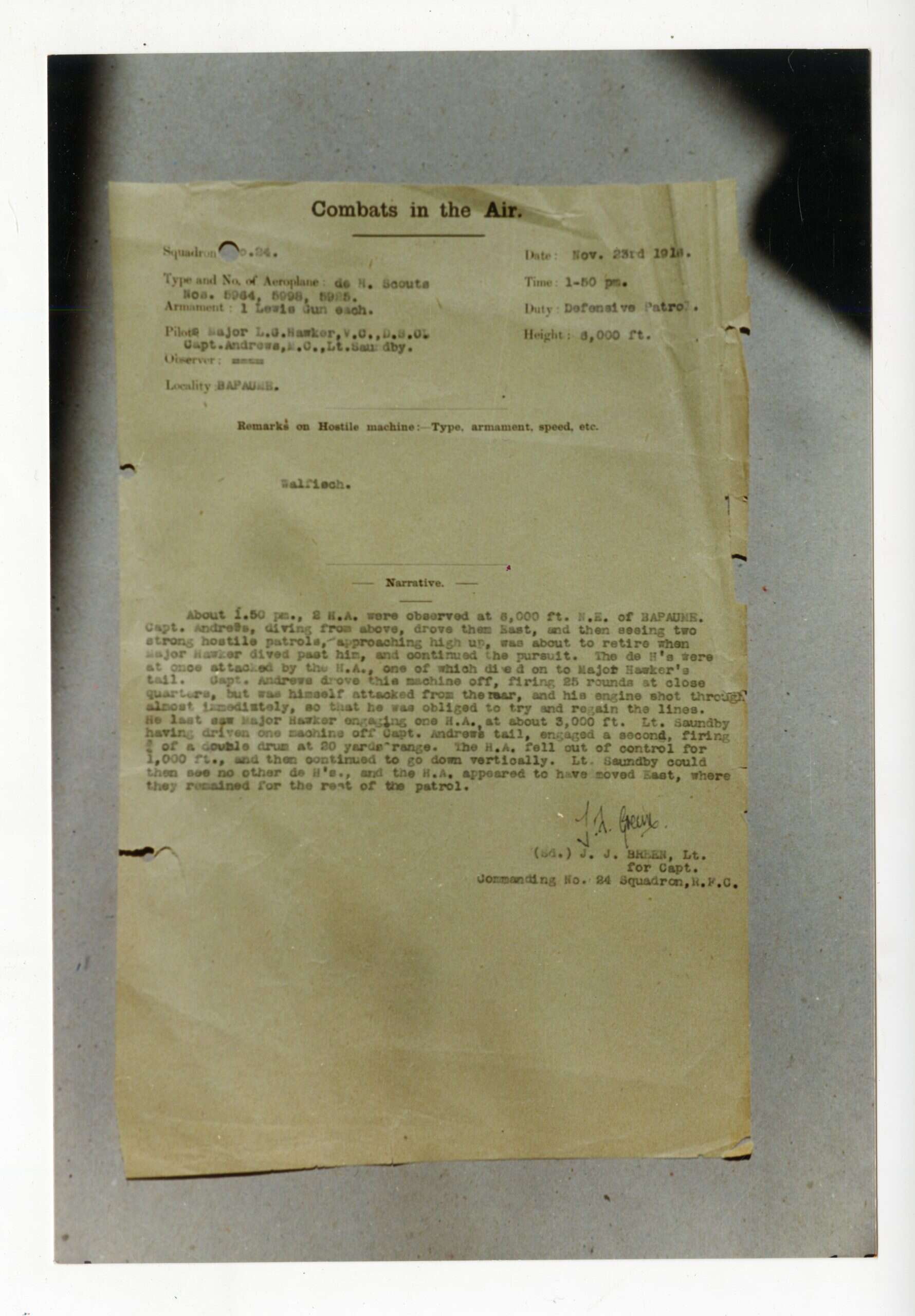 Combat report during which Hawker was killed. (©RAF Museum AC 1998-31-11)