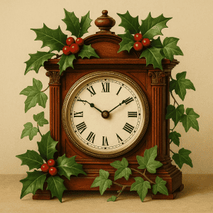 Image of an antique clock decorated with holly and Ivy