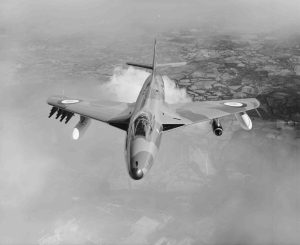 Hawker-Siddeley Hunter, front view from above, in flight