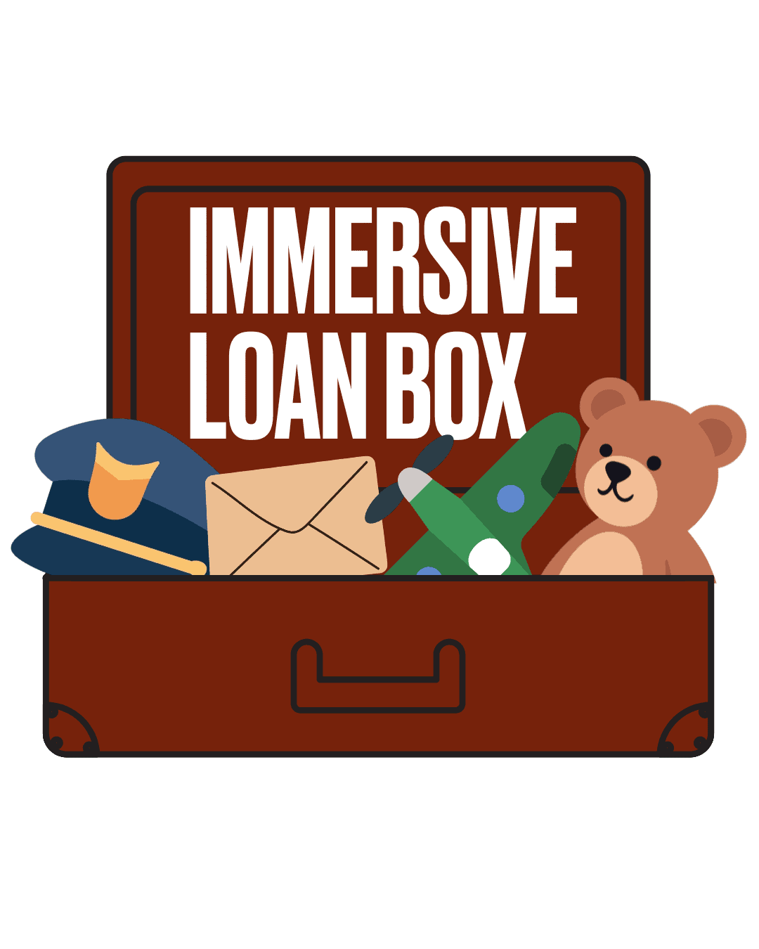 Cartoon image of a vintage suitcase containing a teddy bear, a toy plane, an RAF uniform hat and a letter. Bold white letters read 'Immersive Loan Box'.