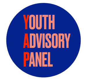 Dark blue circle with bold red text that reads 'Youth Advisory Panel'.