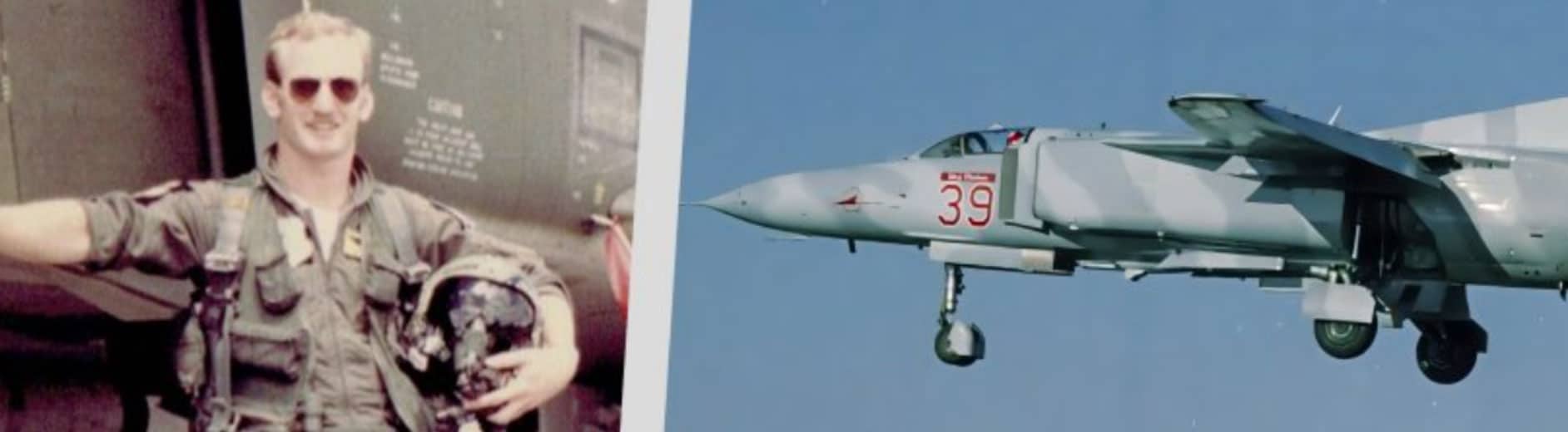 Montage showing Robert Zettel in his pilot days alongside a MiG in mid-flight
