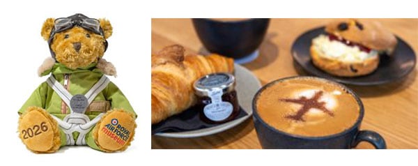 Montage showing the RAF Museum 2026 Bear and our catering offer.