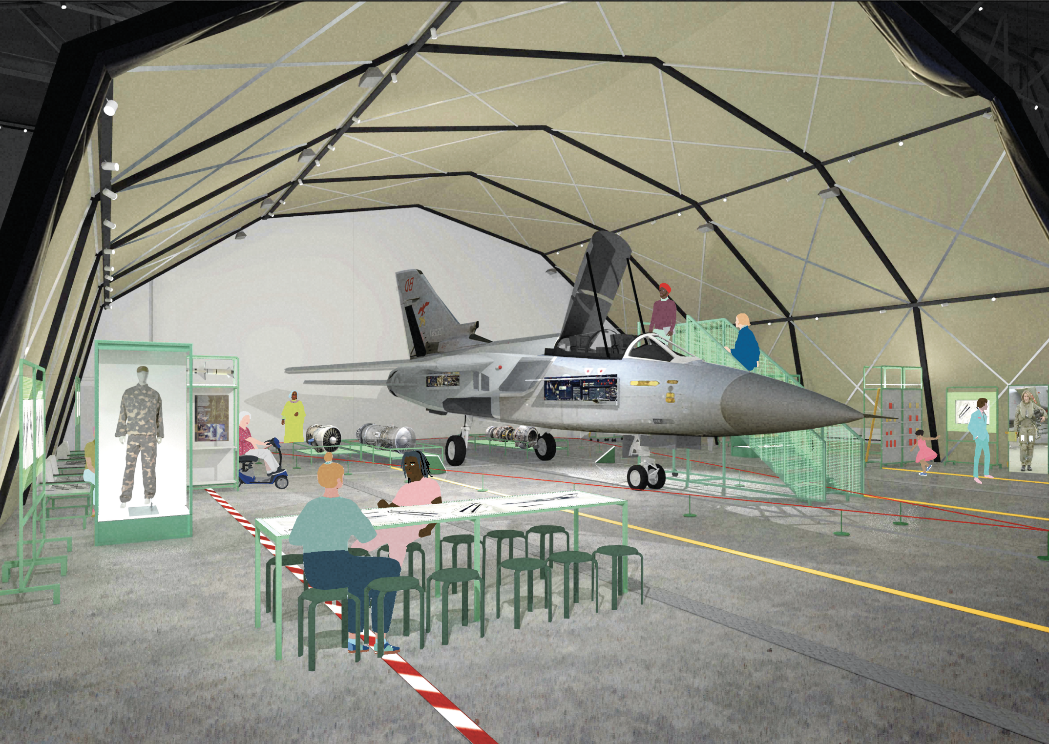 Artist impression of how The RAF: 1980 to Today exhibition at the RAF Museum Midlands will look