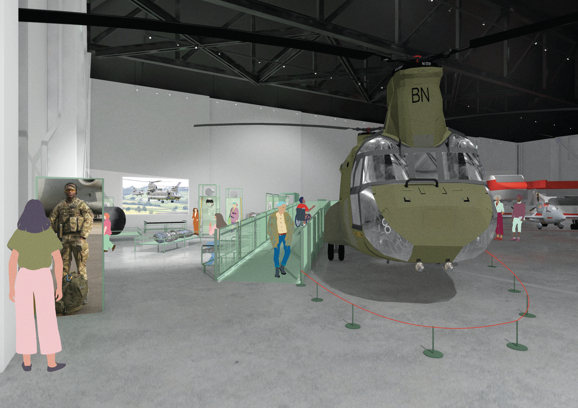 Artist impression of how The RAF: 1980 to Today exhibition at the RAF Museum Midlands will look