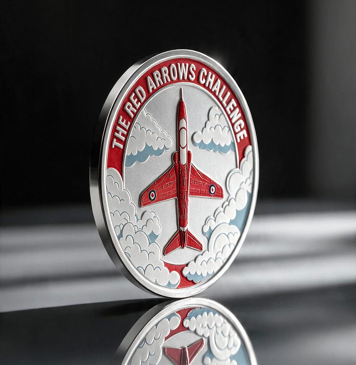 The front of the Red Arrows Challenge Coin