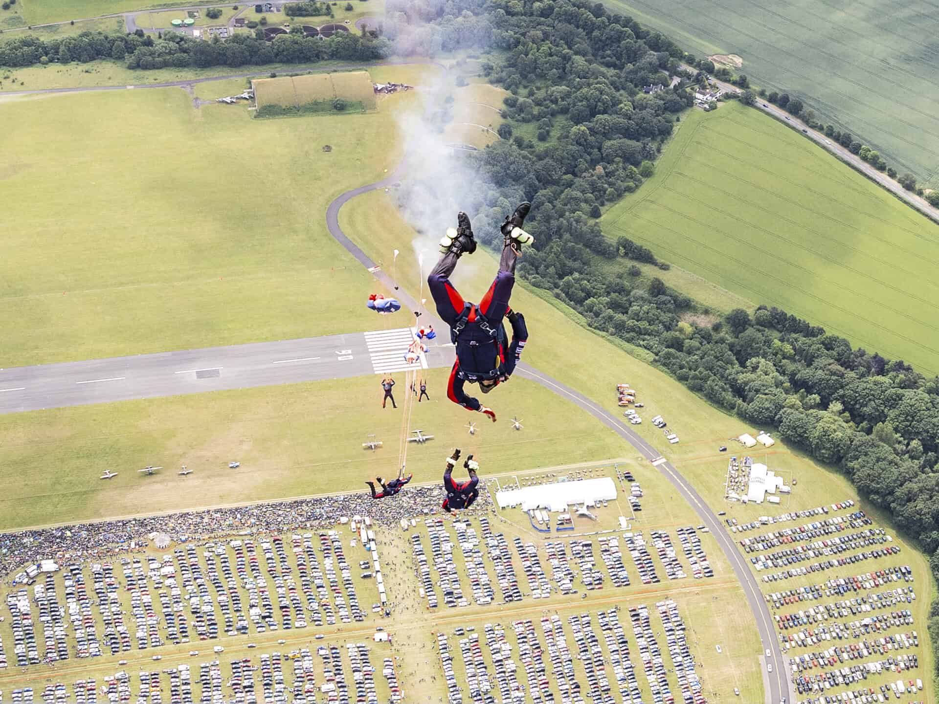 The RAF Falcons sky diving onto Cosford's Airfield.