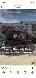 A screenshot from an Instagram post showing a boat with an RAF Roundel with the caption 'being the only boat in an aviation museum?'