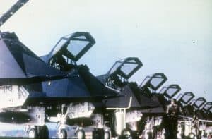 Lockheed F-117A stealth fighters in a line