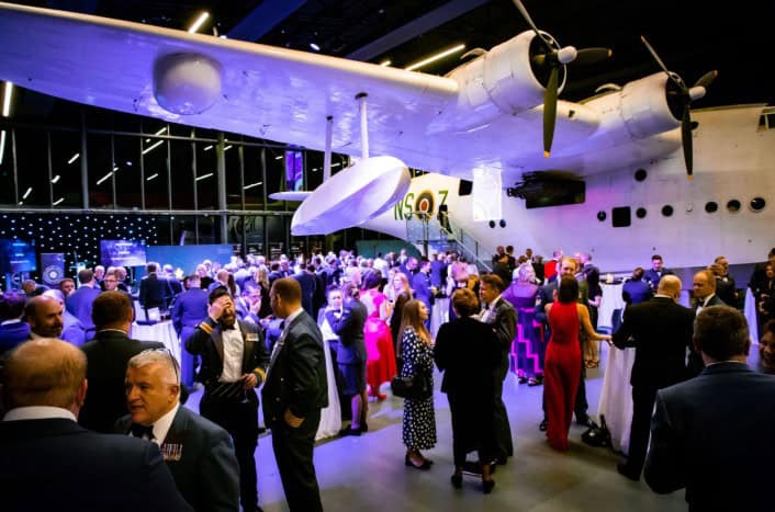 People having a dinner event in Hangar 1 under the Sunderland